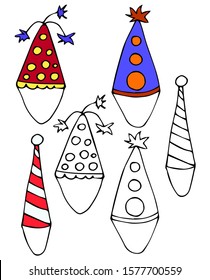 Set of isolated party hat or cone hat with confetti. Accessory for celebrating a birthday or anniversary. Clown headdress for children's or children's events. Hand-drawn vector illustration isolated 