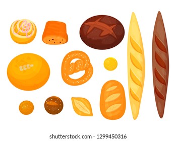 Set of isolated pastry or bakery. Donut or doughnut, croissant and pretzel, anadama or brick, butterbrot bread, baguette or baton. Rural and cereal, agriculture and grocery, food and nutrition theme