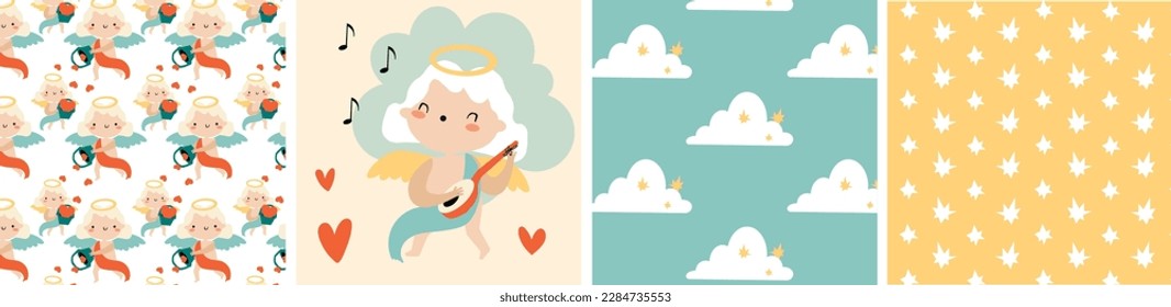 Set of Isolated Patterns with Cupid, Stars, Clouds, Heart. Illustration of an Angel with a Musical Instrument. Valentine's Day. Good for greeting cards, invitations, flyers and other graphic design. 