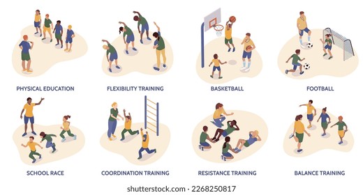 Set of isolated pe lesson compositions with editable text captions and isometric characters of children trainers vector illustration