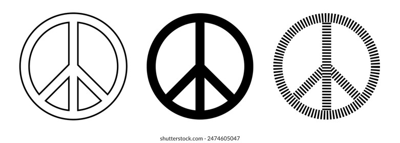 Set of isolated peace symbols on a transparent background. Flat, outlined and hatched Peace symbol. Vector illustration