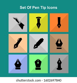 Set of isolated pen tip icons with colorful background. Vector illustration.