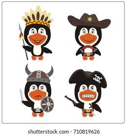 Set isolated penguin in cartoon style in costume of viking, american indian, cowboy and pirate.