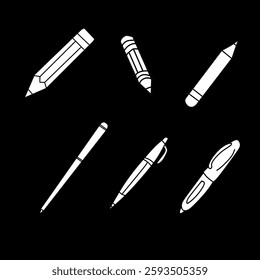 Set of isolated pens and pencils arranged in 6 different shapes. Hand drawn vector illustration. Hand drawn vector illustration.