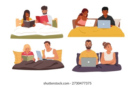 Conjunto de personajes de dibujos animados de personas aisladas escondidas bajo mantas en varias poses en la cama centradas en computadoras portátiles y libros. Actividades de ocio tradicionales en la acogedora Ilustración vectorial de ambientación de dormitorio