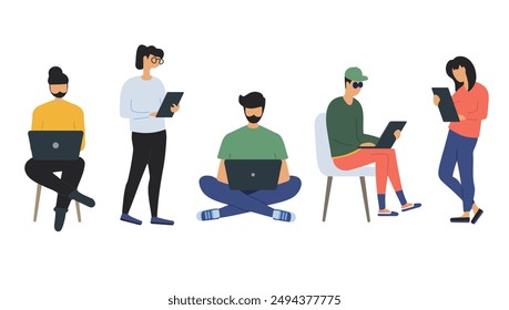 Set of isolated people with computers. Diverse men and women with laptops at remote work online business communication. Business people office life. Flat illustration 
