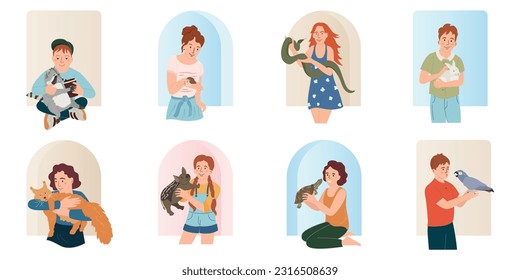 Establecido con personas aisladas con mascotas exóticas composiciones planas con personajes humanos garabatos y una inusual ilustración vectorial de animales