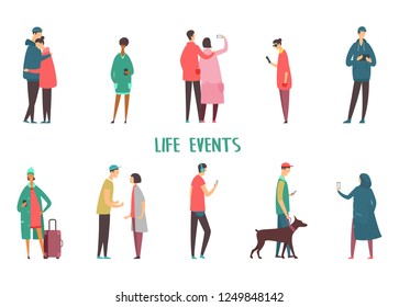 Set Of Isolated People Icons At Walk. Couple Taking Selfie And Argue, Hugging. Man Walking With Dog And With Tablet, Characters With Smartphone, Woman Using Phone For Chatting. Life Events, Stroll