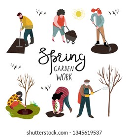 Set of isolated people working in the spring garden over planting, developing the land and treating trees from pests. Vector illustration in cute flat style.