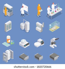 Set with isolated pharmaceutical production isometric icons with scientist characters with medical laboratory equipment and appliances vector illustration