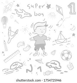 A set of isolated pictures of a boy, rockets, stars, kite, balloon, paper airplane, ship, UFO, slingshots, rulers, pencil, candy. Doodle style vector illustration isolated on white background. 