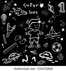 A set of isolated pictures of a boy, rockets, stars, kite, balloon, paper airplane, ship, UFO, slingshots, rulers, pencil, candy. Doodle style. Vector illustration isolated on black background. 