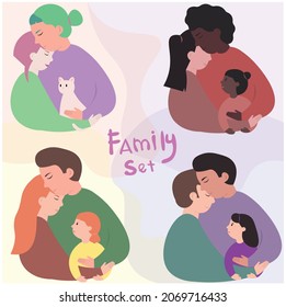 A Set Of Isolated Pictures Of Various Families With Children. Two Lesbian Moms, Two Gay Dads, A Heterosexual Couple And A Queer Couple. Families Are Different. Love Is Love