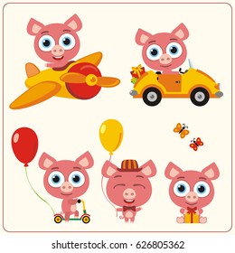 Set isolated pig for holiday design: in airplane, car, with balloons and gifts.
