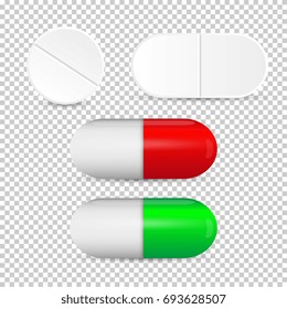 Set of isolated pills for treatment. Standard tablets and pills vector set isolated on transparent background. Realistic vector illustration.