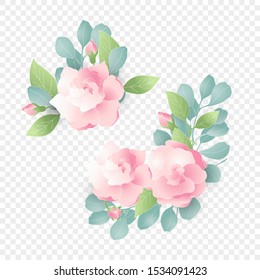 Set of Isolated pink flower composition for wedding. Vector floral element. Cute romantic Gardenia for wedding card on transparent background. Vector Illustration