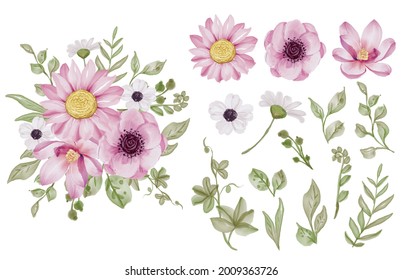 Set einzeln auf rosafarbene Blumen und grüner Blattfarbe
