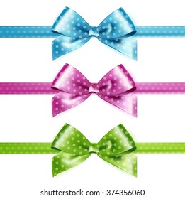 Set of isolated pink, green and blue photorealistic silk polka dots bows  for your holiday design.