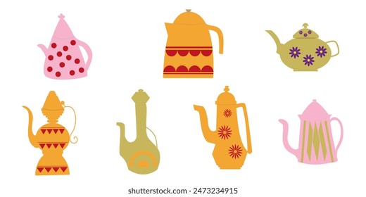 Set of isolated pink, orange, green teapots vector. Flat design.