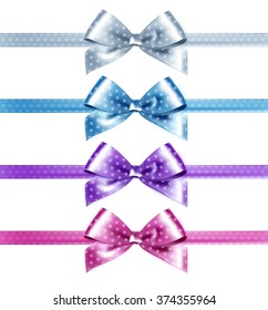 Set of isolated pink, white and blue photorealistic silk polka dots bows for your holiday design.