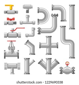 Set of isolated pipe parts, tube crosses and valves for water and oil, gas, metal industrial pipeline icons for engineering. Chemical industry, sewer and plumbing, heating, fuel technology theme