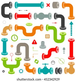 Set of Isolated Pipe System Elements. Modern Vector Illustration for Schemes Design. 3D Colorful Plumbing Items on White. Industrial Items Set