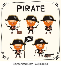 Conjunto de piratas aislados con sombrero negro con jolly roger.