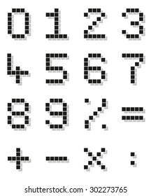 Set of isolated pixel numbers and mathematical signs with grid and shadow