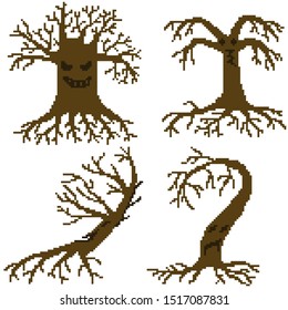 The set of isolated pixel scary trees with spooky faces and naked branches and roots on white background. Creepy retro design of decoration or characters for 8-bit game or Halloween.
