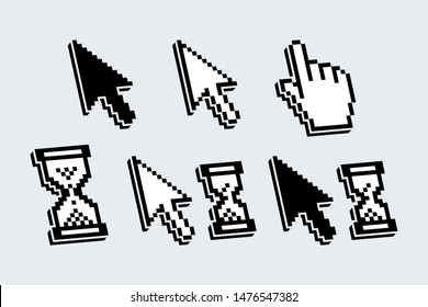 Set of Isolated Pixelated Cursors, Pointers in Shape of Arrow, Hand and Hour-glass