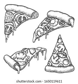 Set von isolierter Pizzaschnitt-Skizze. Handgezeichnetes Fastfood für Pizzeria. Essen mit Käse, Fleisch, Pilz, Zwiebeln, Garnelen, Wurst, Tomate, Pepperoni. Kochsymbol oder Cafeteria-Banner, Restaurant