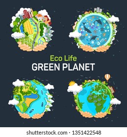 Set of isolated planets for earth day concept. Hands holding planet with eco environment, solar battery and world ocean. Globe poster with renewable energy and bio atmosphere. Ecology and green energy