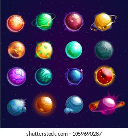 Set of isolated planets with orbits or cosmos stars, satellites as globe or sphere. Celestial cartoon orbs with craters and holes on surface. Galaxy and science, cosmos exploration and astronomy theme