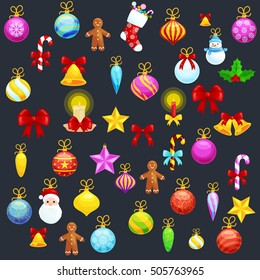 Set of isolated plastic or glass decoration for Merry Christmas and Happy New Year ball Vector illustration, bright candle light at the jingle bells and xmas stars and other holiday design elements