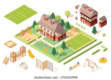 Set of isolated playground equipments and kindergarten or school building elements. Isometric soccer or football pitch, sandbox or sandpit, carousel and slide, swing and swedish ladder. Playschool