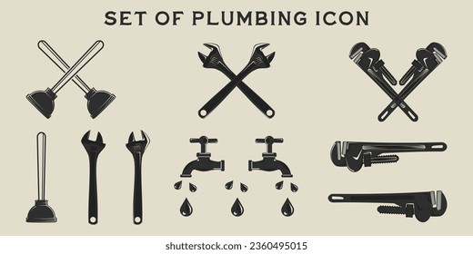 Set von isolierten Installations-Icon Vektorgrafik-Template Grafikdesign. Bündelkollektion von verschiedenen industriellen professionellen Klempnern mit Vintage-Konzept