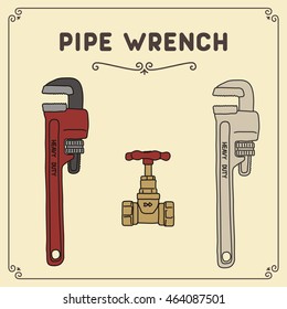 Set of isolated plumbing pipe wrench and valve. 
