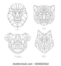 Set of isolated  poligonal geometric triangle animal faces. Hipster animals