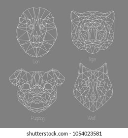 Set of isolated  poligonal geometric triangle animal faces. Hipster animals