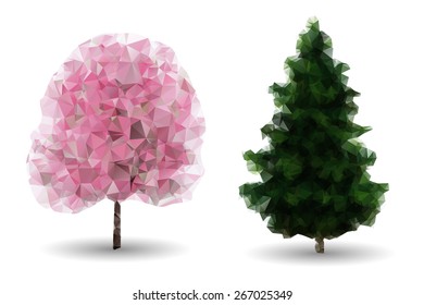 Set of isolated polygonal trees: green fir and flowering tree.