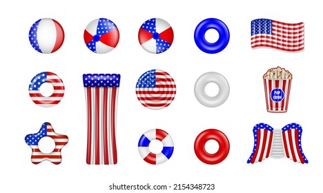 set of isolated pool inflatables with  american flag colors. 4th of july pool party elements. 