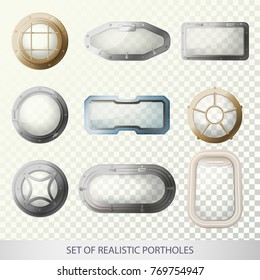 Set of isolated porthole for plane or bull’s-eye window for ship or sea, ocean vehicle, glass with metal frame for submarine. Transport and travel, boat and airplane, nautical and sail theme