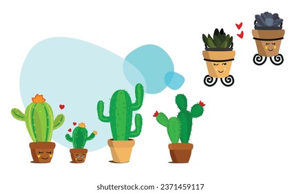 Set of isolated potted cacus and plants