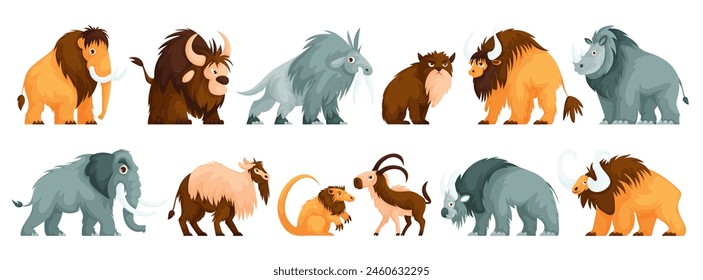 Conjunto de animales primitivos aislados, bestias antediluvianas de la Edad de Piedra. Elefante, mamut, búfalo, toro, bisonte, diente de sable, gato salvaje, carnero y cabra en la forma del período antes de Cristo.