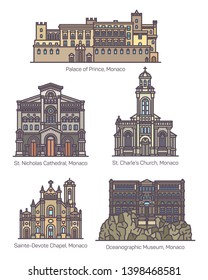 Set of isolated Principality of Monaco landmarks. Building of Princes Palace and Saint Nicholas cathedral, Saint Charles church, Saint Devota or Sainte Devote chapel, Oceanographic museum.Monte Carlo