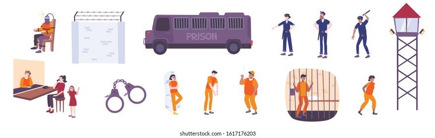 Set of isolated prison flat icons with doodle human characters and jail elements on blank background vector illustration