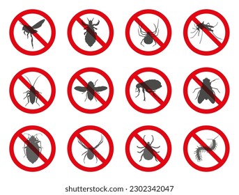 Conjunto de insectos prohibidos aislados. Insectos que incomodan a la gente. Gráficos vectoriales.