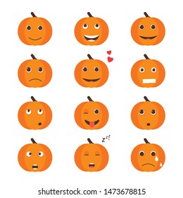 Set of Isolated pumkin cute smile character. Cartoon halloween symbol. Vector Illustration. Emoji. Orange funny face