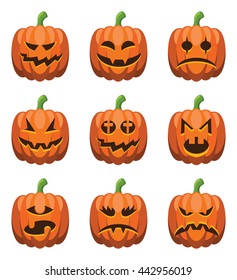 A set of isolated pumpkins for Halloween with different facial expressions and designs