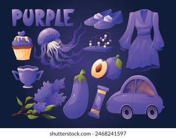 Set of isolated purple elements for children to study colors. Children's book or textbook for preschoolers. Collection of vector cartoon elements.